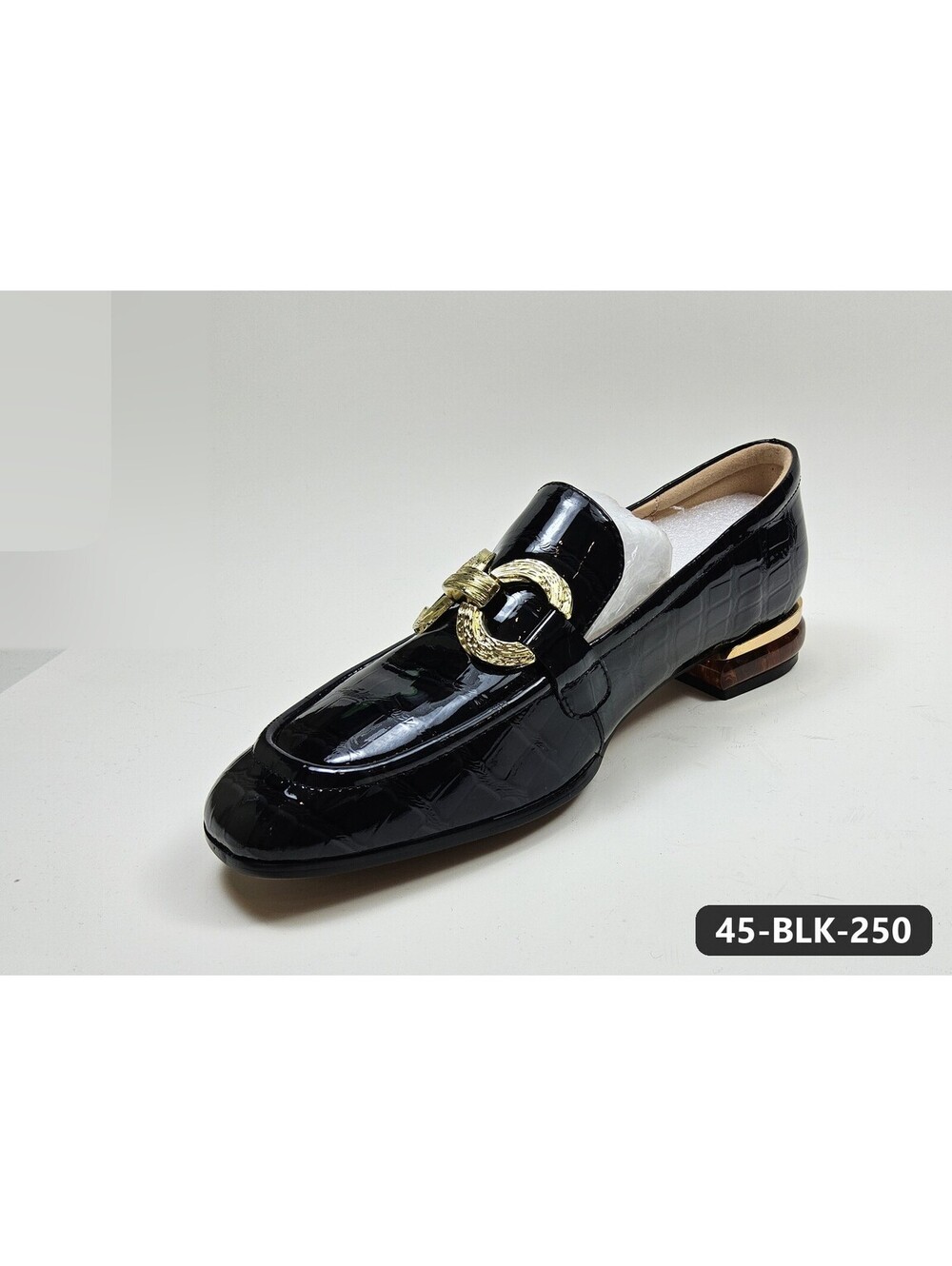 Women's Black Patent Croc-Embossed Loafers with Gold Chain Detail